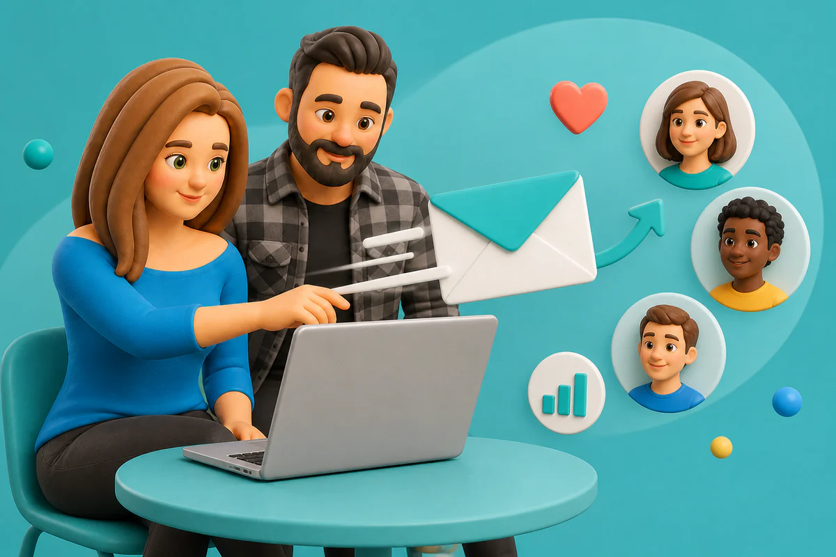Sarah and Wayne sending a friendly email campaign to a group of customers